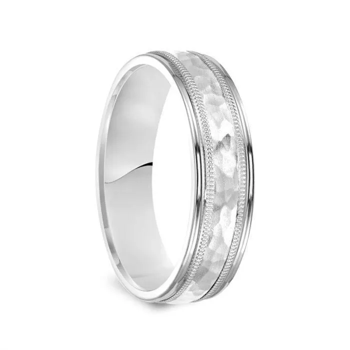 14k White Gold Brushed Hammered Finish Milgrain Ring with Polished Edges - 6mm