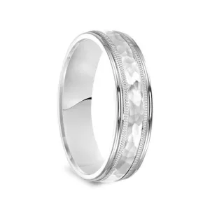 14k White Gold Brushed Hammered Finish Milgrain Ring with Polished Edges - 6mm