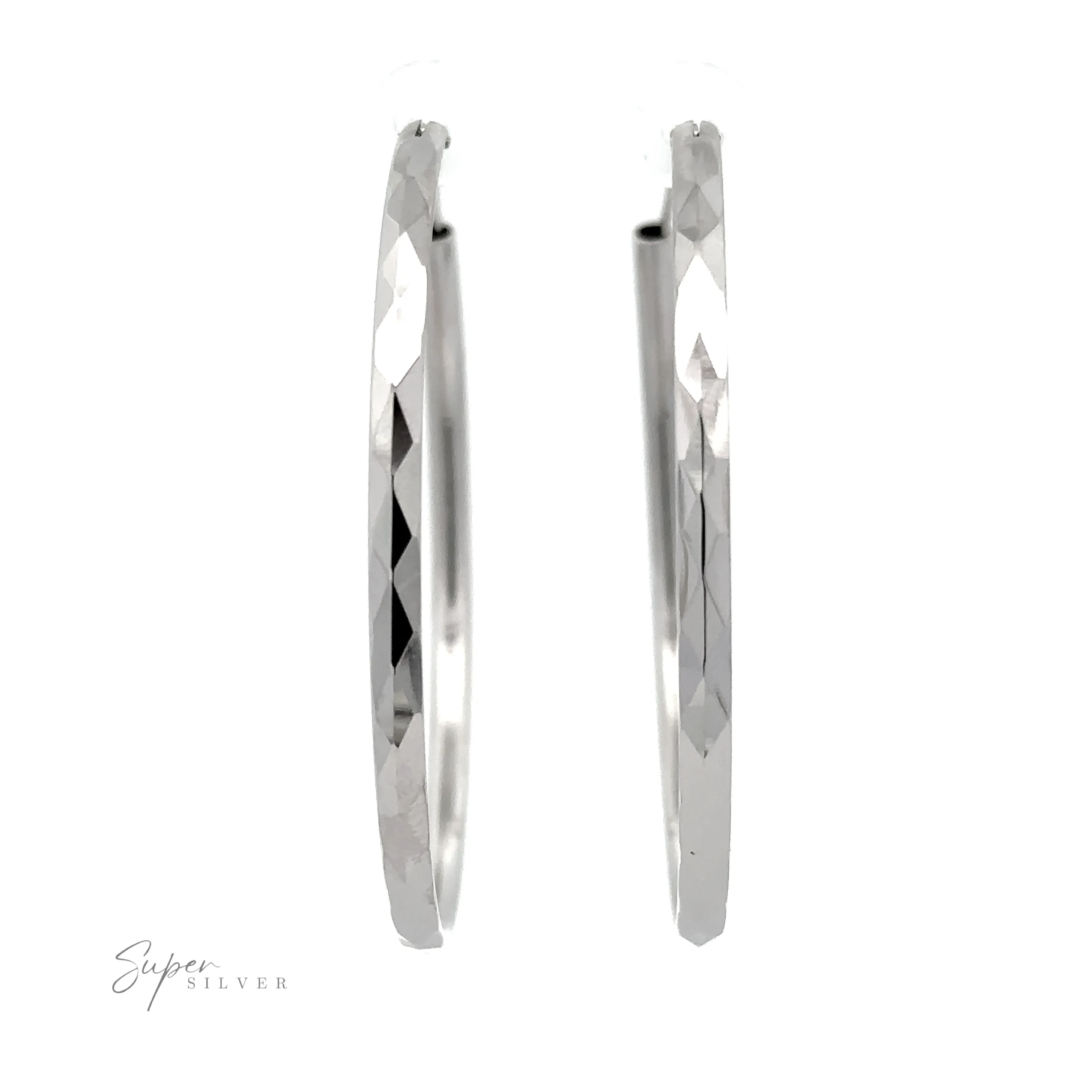 3mm Thick Rhodium Finished Diamond Faceted Hoops