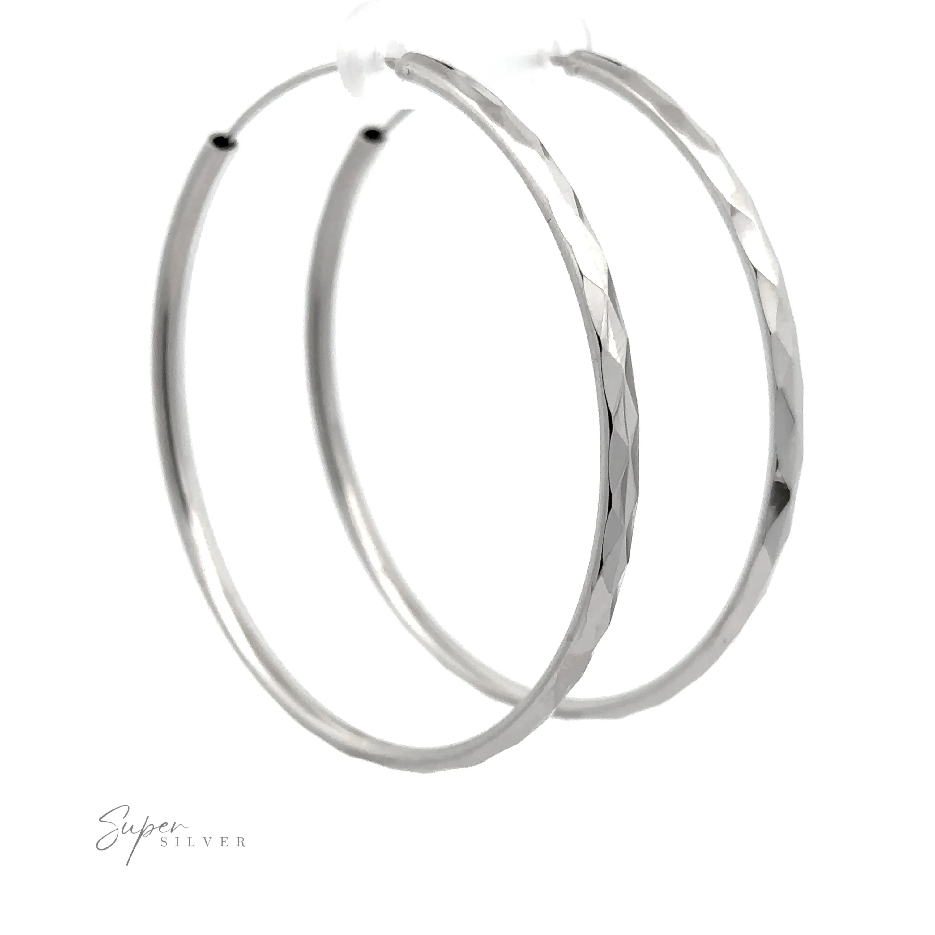 3mm Thick Rhodium Finished Diamond Faceted Hoops
