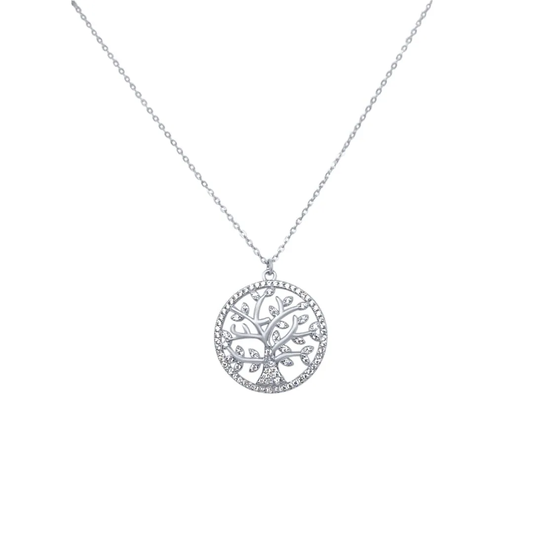 45cm Tree of Life Pendant Necklace with Cubic Zirconia in Sterling Silver