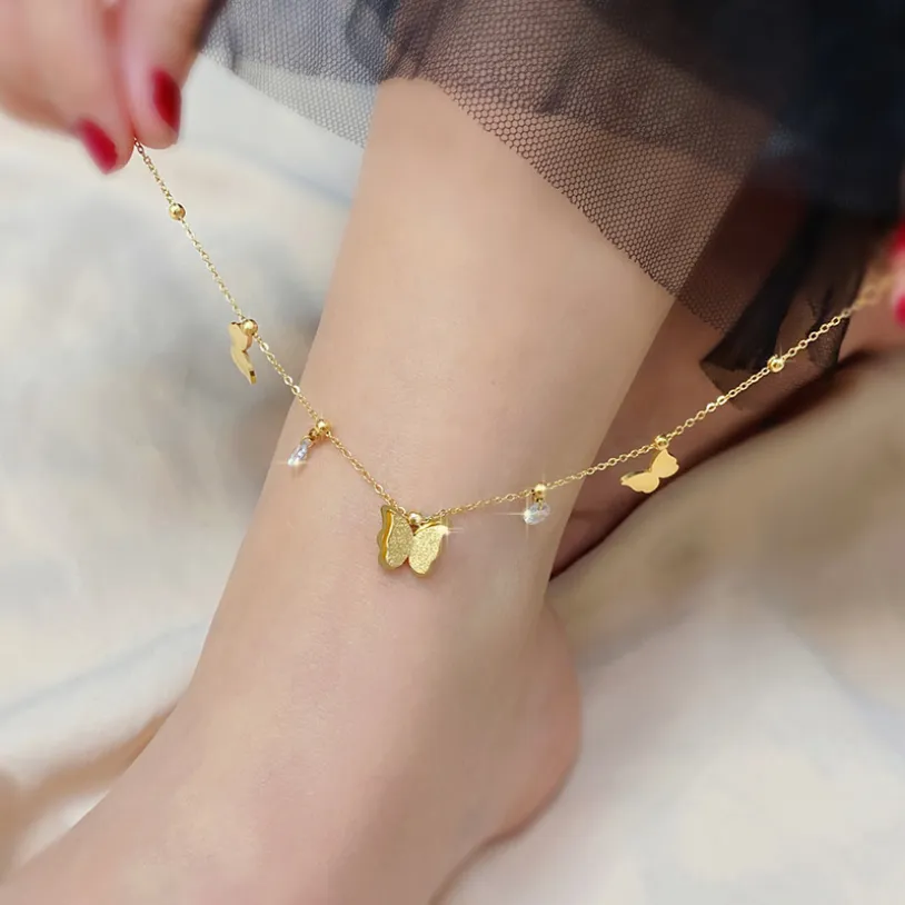 Beaded Zircon Frosted Butterfly Charm Chain Anklet Necklaces For Women