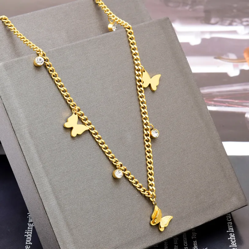 Beaded Zircon Frosted Butterfly Charm Chain Anklet Necklaces For Women