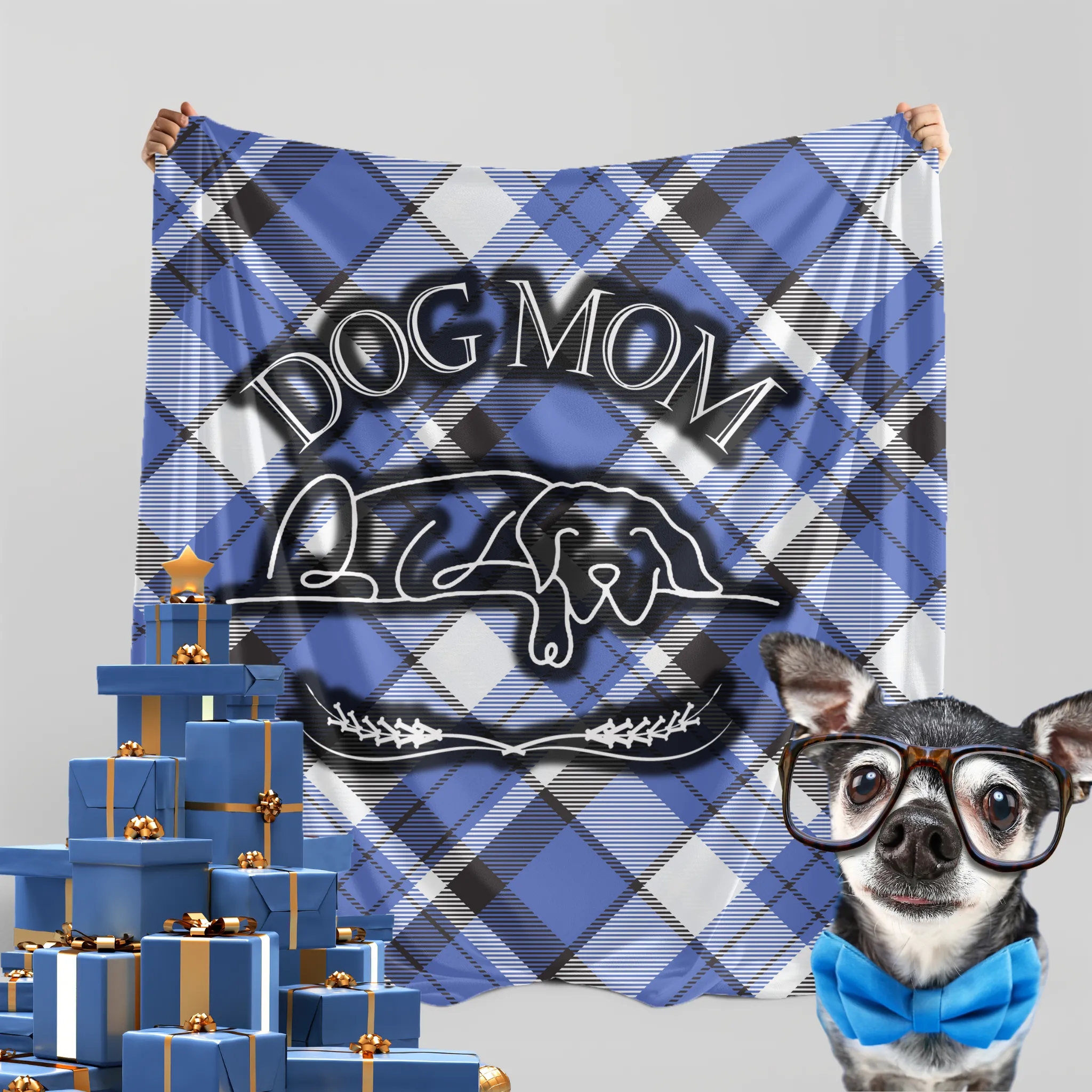 Dog Mom Blue Plaid Pattern Cozy Winter Farmhouse Cottage Style Premium Sherpa Blanket