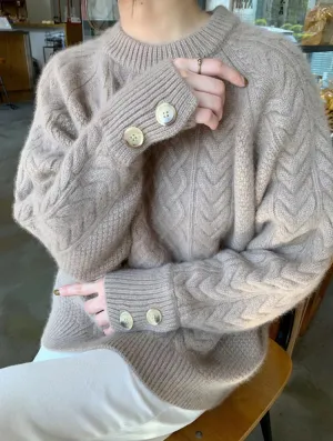 elveswallet Retro Twist Thick Cuff Button Pullover Sweater