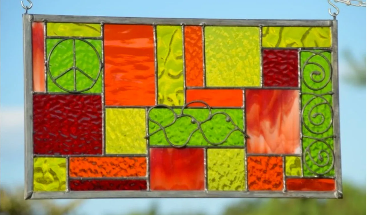 Geometric Stained Glass Window Design Boho Style Stained Glass Panel.  "Go Boho!"