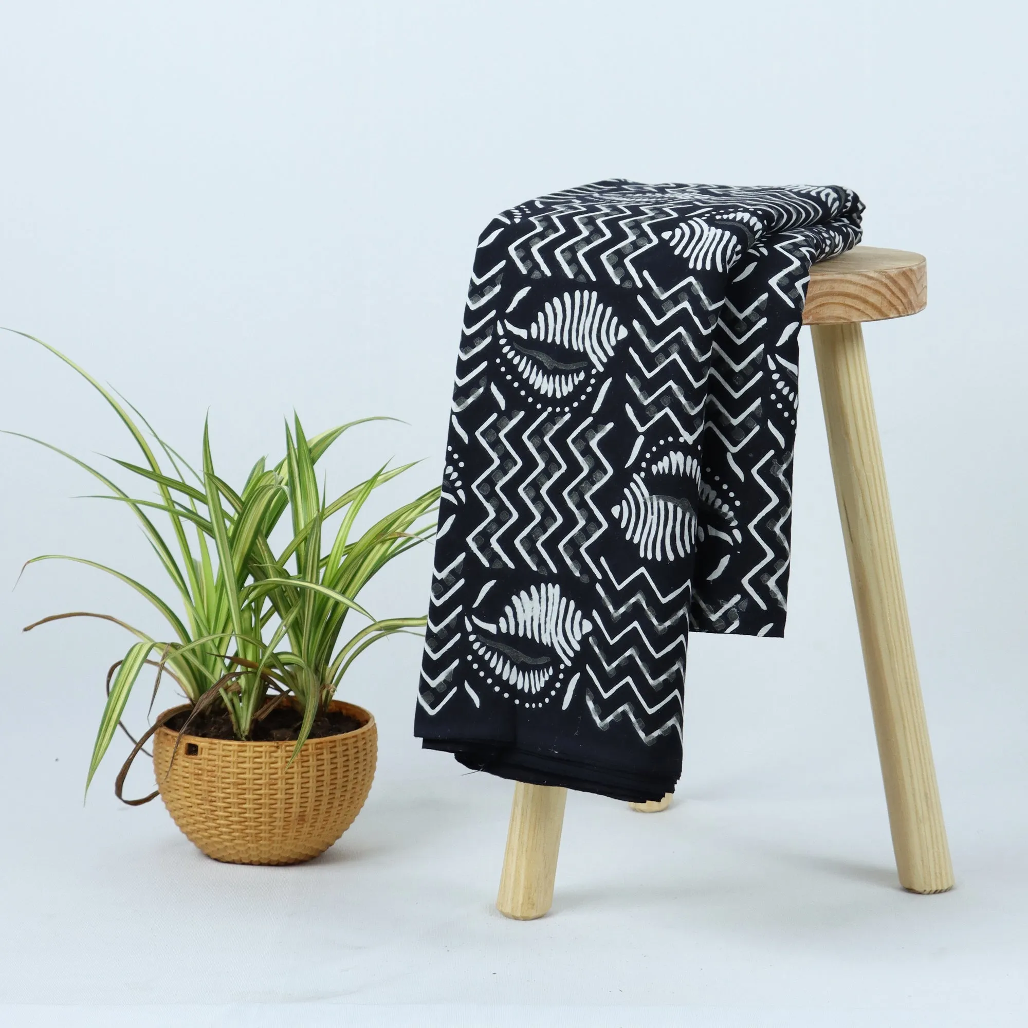 Hand Block Printed Black And White Cotton Fabric Material