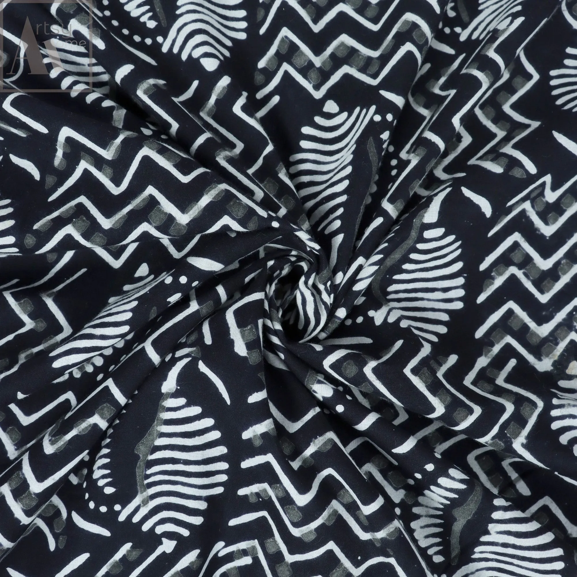Hand Block Printed Black And White Cotton Fabric Material