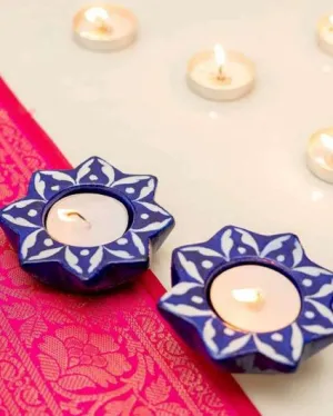 Jasmine Blue Pottery Multani Candle Holders | Set of 4 | 7.6 x 7.6 cm / 3 x 3 inches