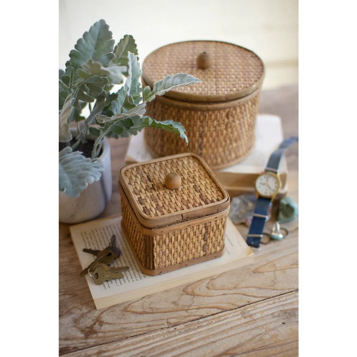 Kalalou - SET OF TWO ROUND AND SQUARE WOVEN CANE BOXES - CEPC1002