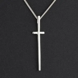 Long Thin Minimalist Sterling Silver Cross Pendant