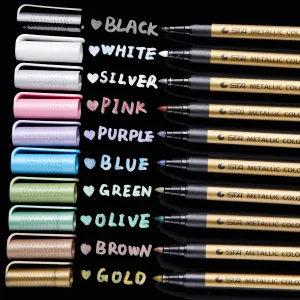 Ohuhu Premium Metallic Marker Pens Fine Tip 10 colours Glitter Paint Pen Window Marker for DIY Card Making Coloring Books Scrapbook Photo Album Rock Art 2 mm fine tips