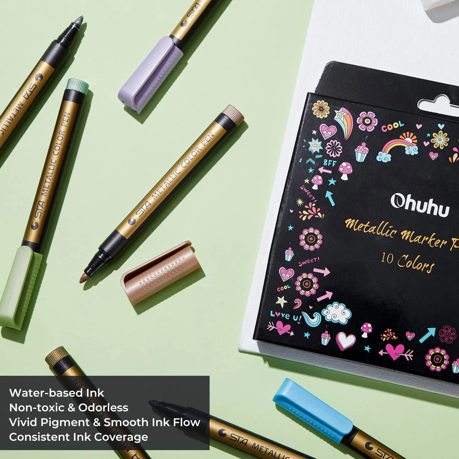 Ohuhu Premium Metallic Marker Pens Fine Tip 10 colours Glitter Paint Pen Window Marker for DIY Card Making Coloring Books Scrapbook Photo Album Rock Art 2 mm fine tips