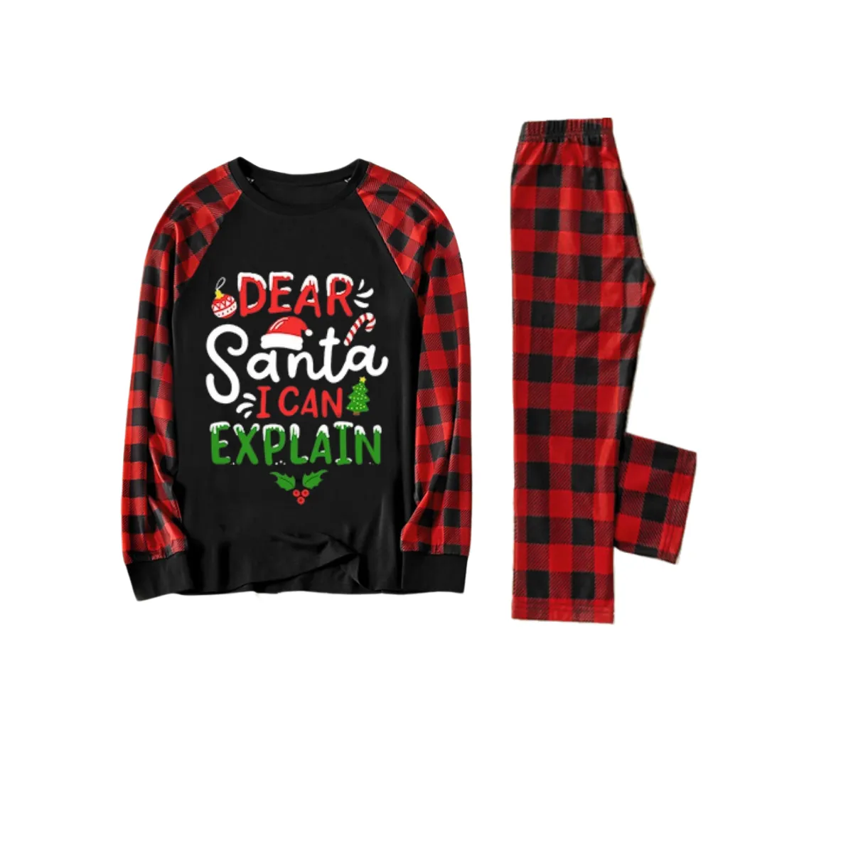 "Dear Santa I can Explain" Slogan Printed Black and Red Plaid Christmas Matching Pajamas