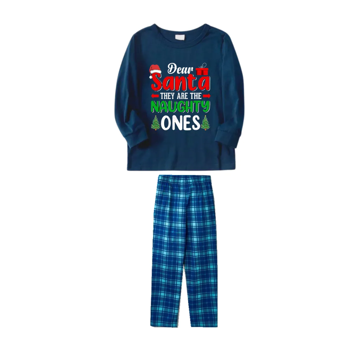 "Dear Santa They are The Naughty Ones" Slogan Printed Blue Plaid Family Matching Pajamas