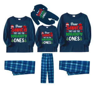 "Dear Santa They are The Naughty Ones" Slogan Printed Blue Plaid Family Matching Pajamas