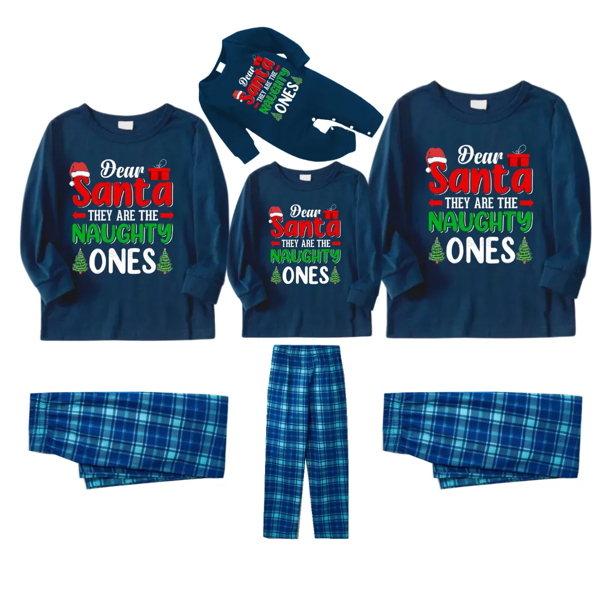 "Dear Santa They are The Naughty Ones" Slogan Printed Blue Plaid Family Matching Pajamas