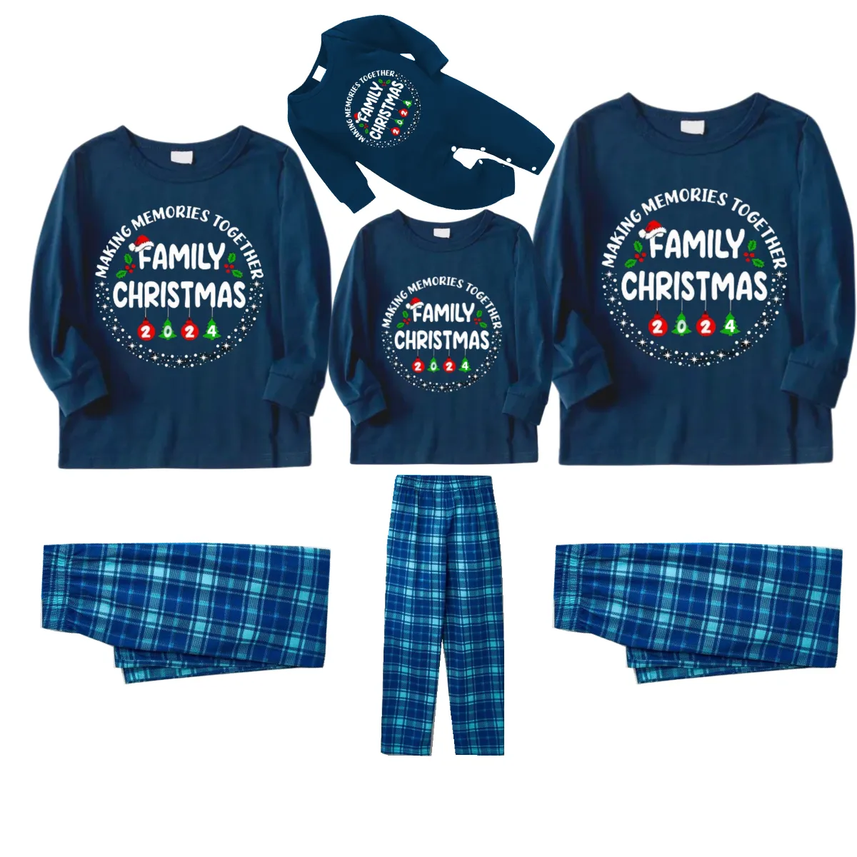 "MAKING MEMORIES TOGETHER FAMILY CHRISTMAS 2024" Text Pattern - Blue Long Sleeve Top With Blue Plaid Family Matching Pajamas
