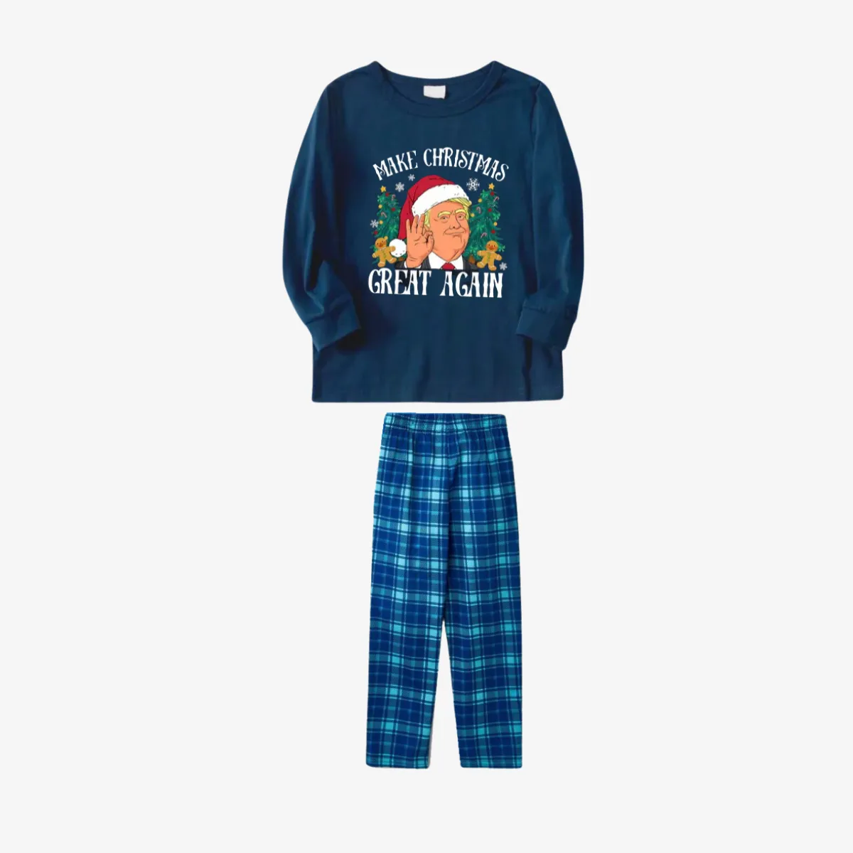 "MERRY CHRISTMAS GREAT AGAIN" Letter Printed Sky Blue Plaid Family Pajamas Sets