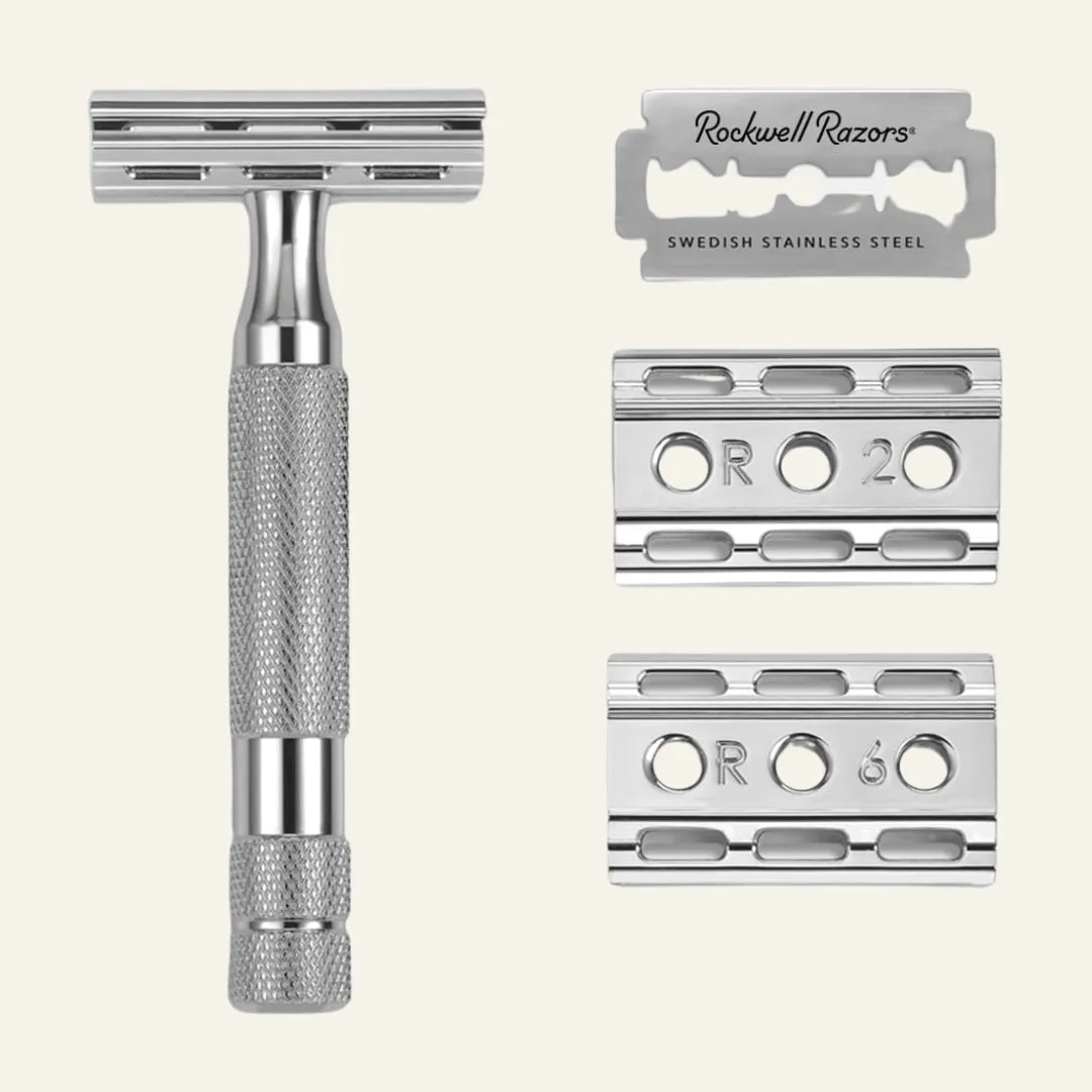Rockwell 6C Adjustable White Chrome Razor with New Handles