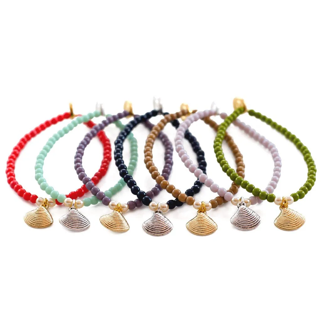 Scallop Sea Shell Charm Glass Bead Bracelet