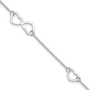 Sterling Silver Polished Heart 9in Plus 1in ext. Anklet