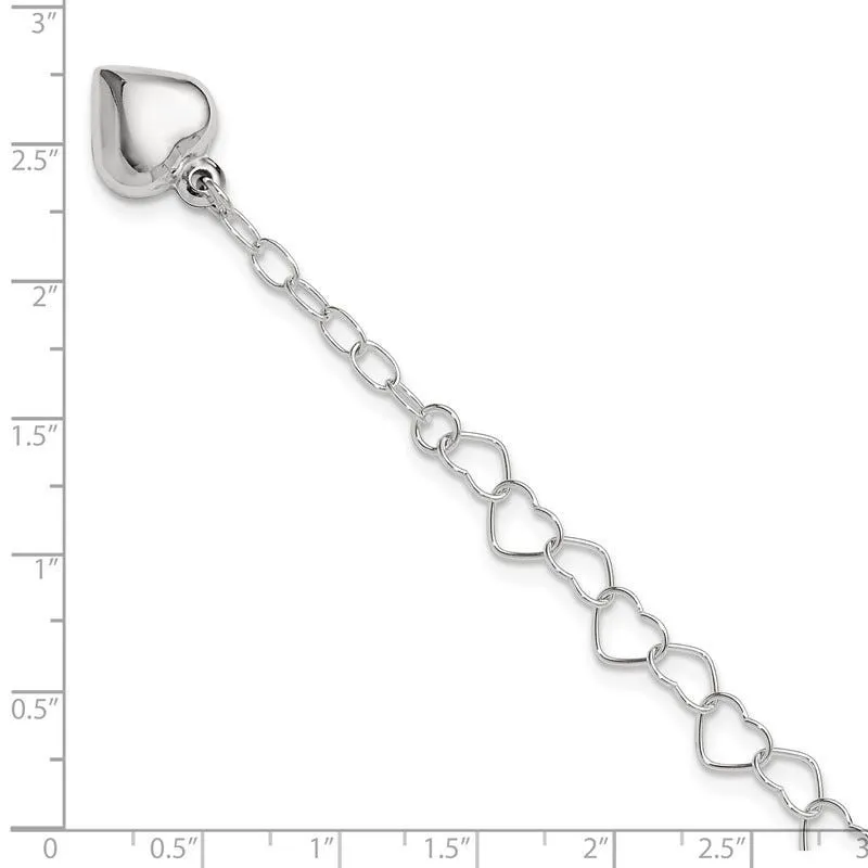 Sterling Silver Polished Puffed Heart 10in Plus 1in ext. Anklet