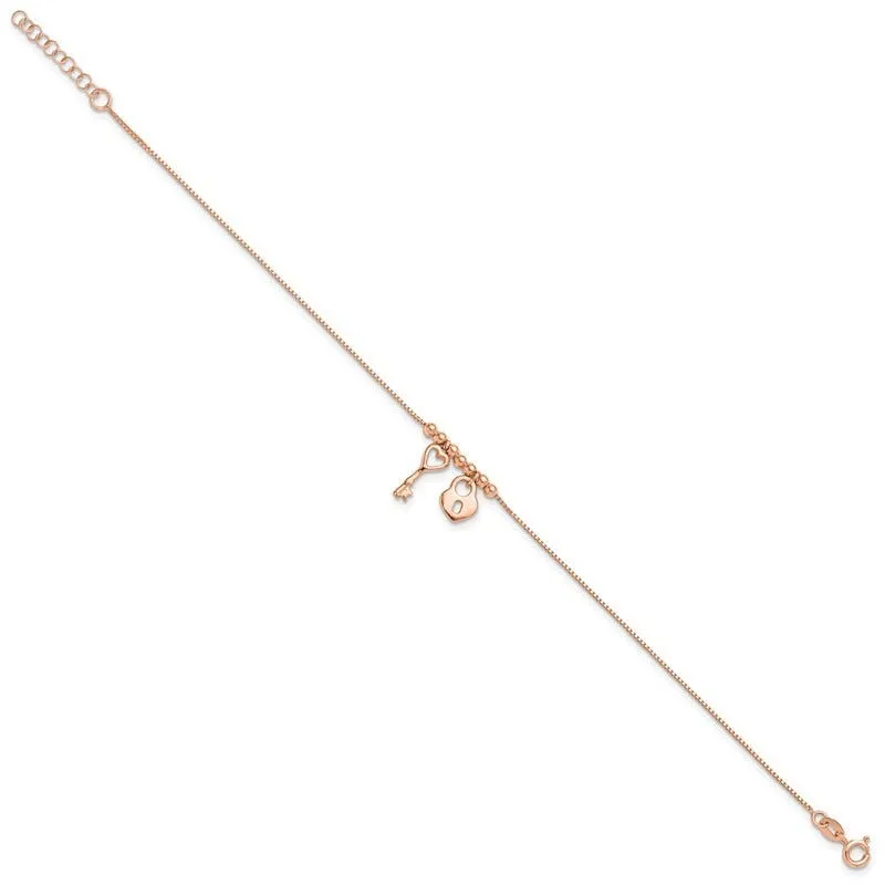 Sterling Silver Rose-tone Polished Heart Lock with 1in ext Anklet