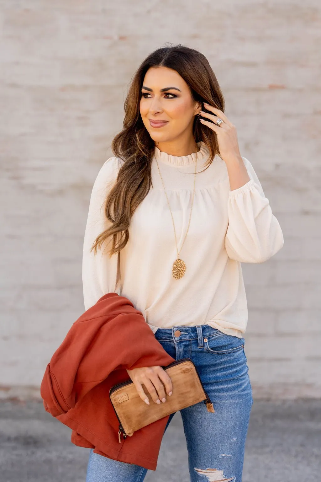 Subtle Textured Cinched Trim Blouse