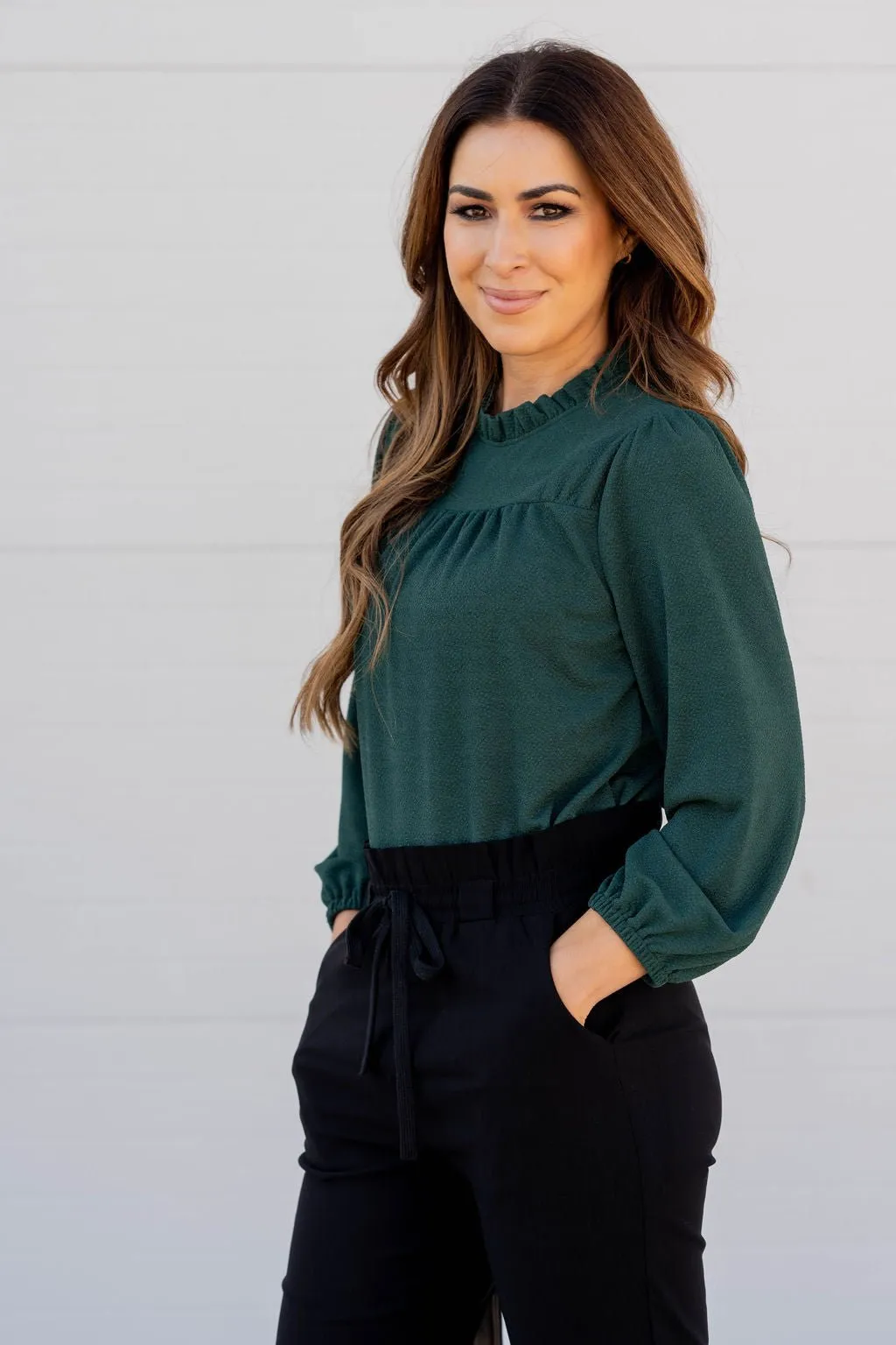 Subtle Textured Cinched Trim Blouse