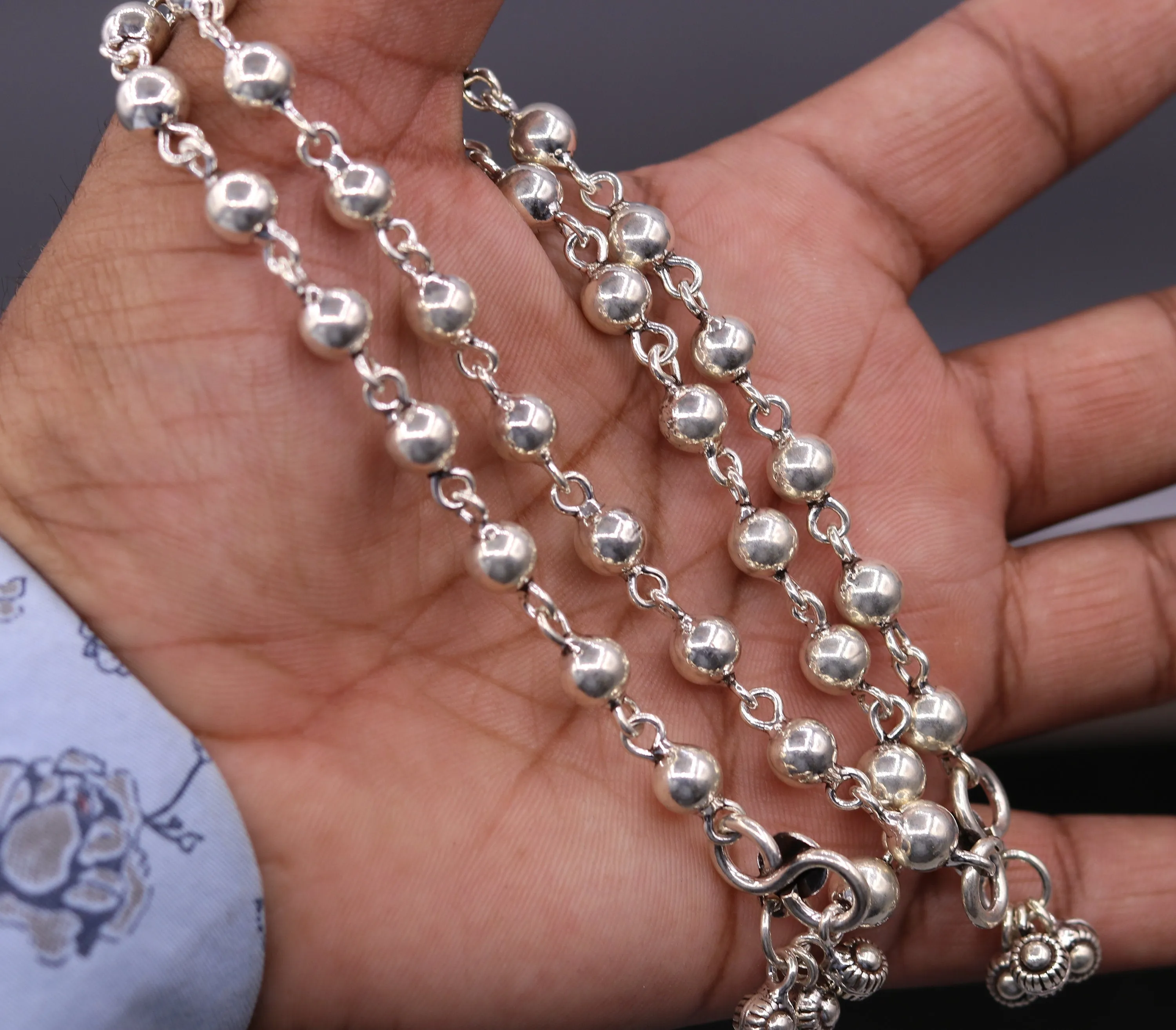 Vintage design Handcrafted 925 sterling silver anklet feet beads bracelet gorgeous hanging bells tribal wedding belly dance jewelry Ank26