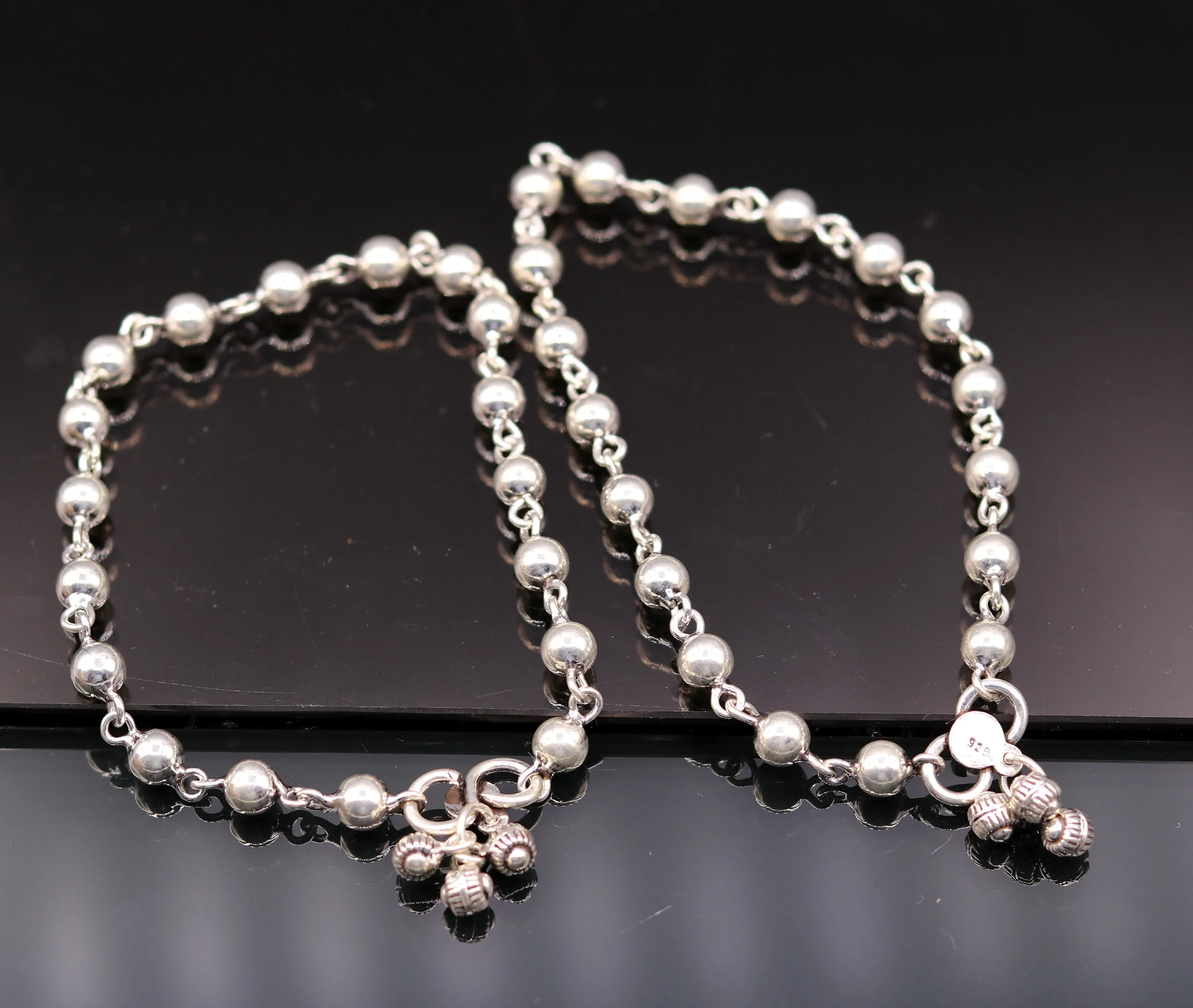 Vintage design Handcrafted 925 sterling silver anklet feet beads bracelet gorgeous hanging bells tribal wedding belly dance jewelry Ank26