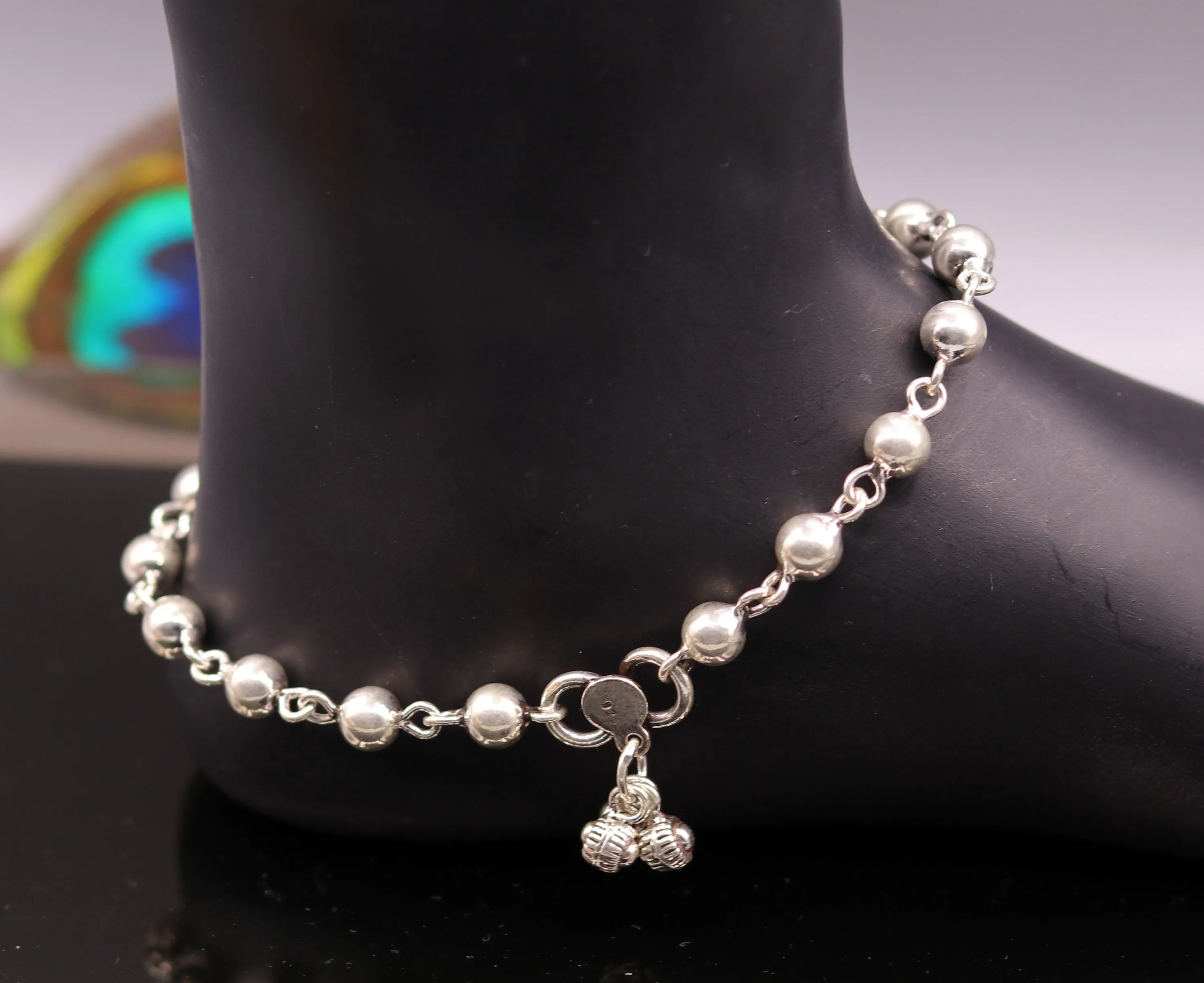 Vintage design Handcrafted 925 sterling silver anklet feet beads bracelet gorgeous hanging bells tribal wedding belly dance jewelry Ank26