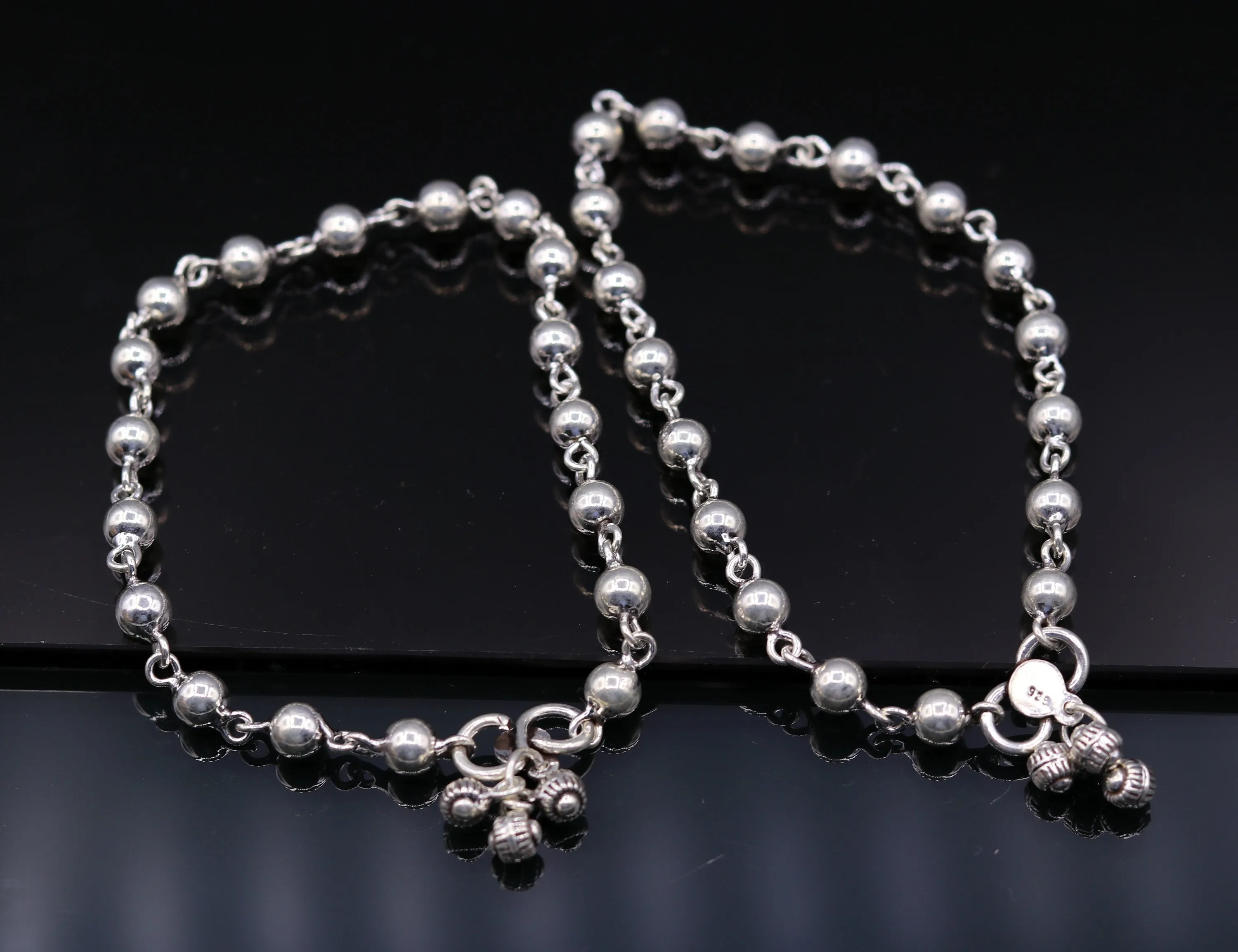 Vintage design Handcrafted 925 sterling silver anklet feet beads bracelet gorgeous hanging bells tribal wedding belly dance jewelry Ank26