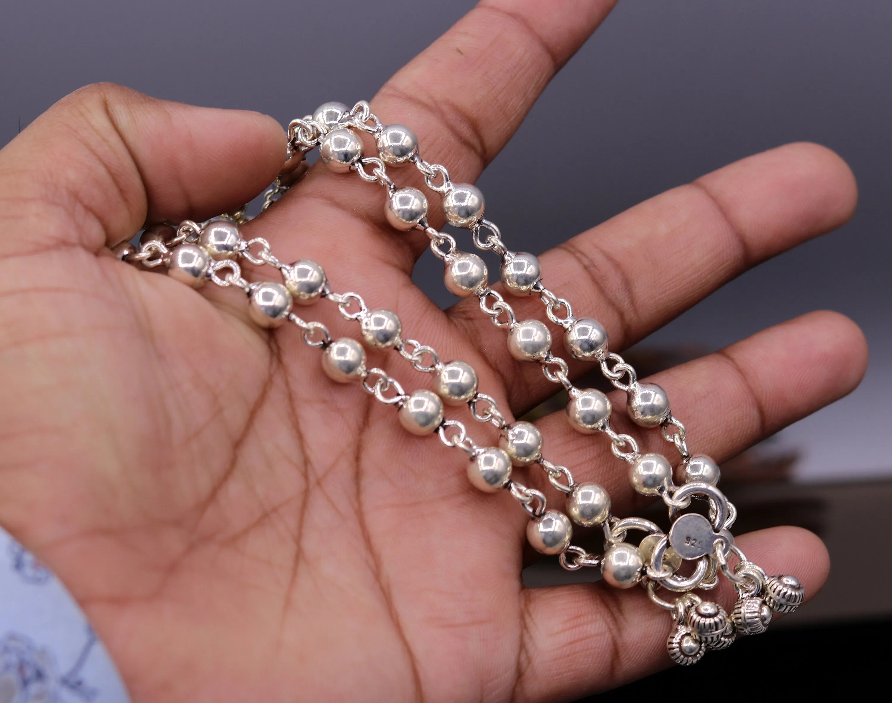 Vintage design Handcrafted 925 sterling silver anklet feet beads bracelet gorgeous hanging bells tribal wedding belly dance jewelry Ank26