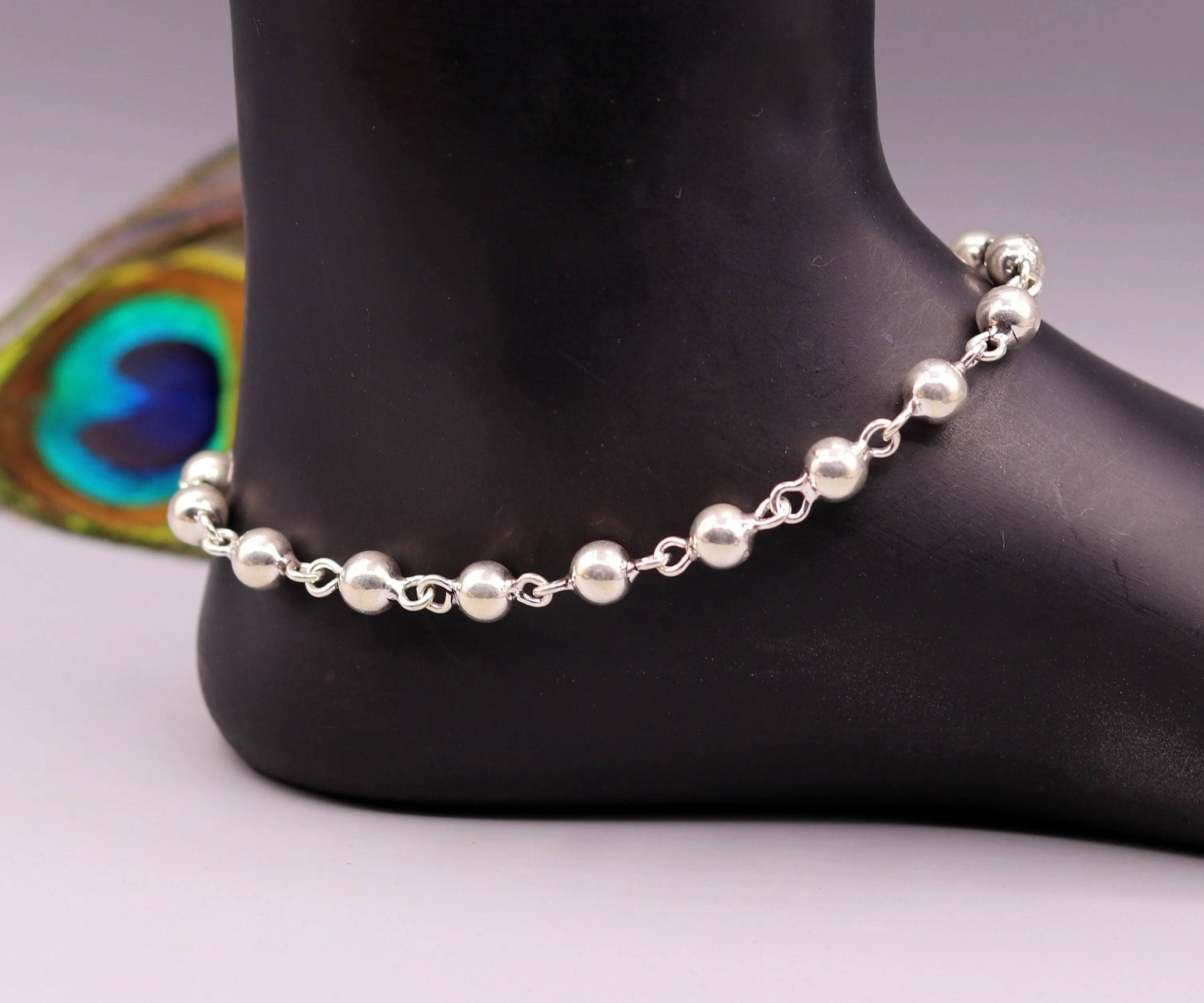 Vintage design Handcrafted 925 sterling silver anklet feet beads bracelet gorgeous hanging bells tribal wedding belly dance jewelry Ank26