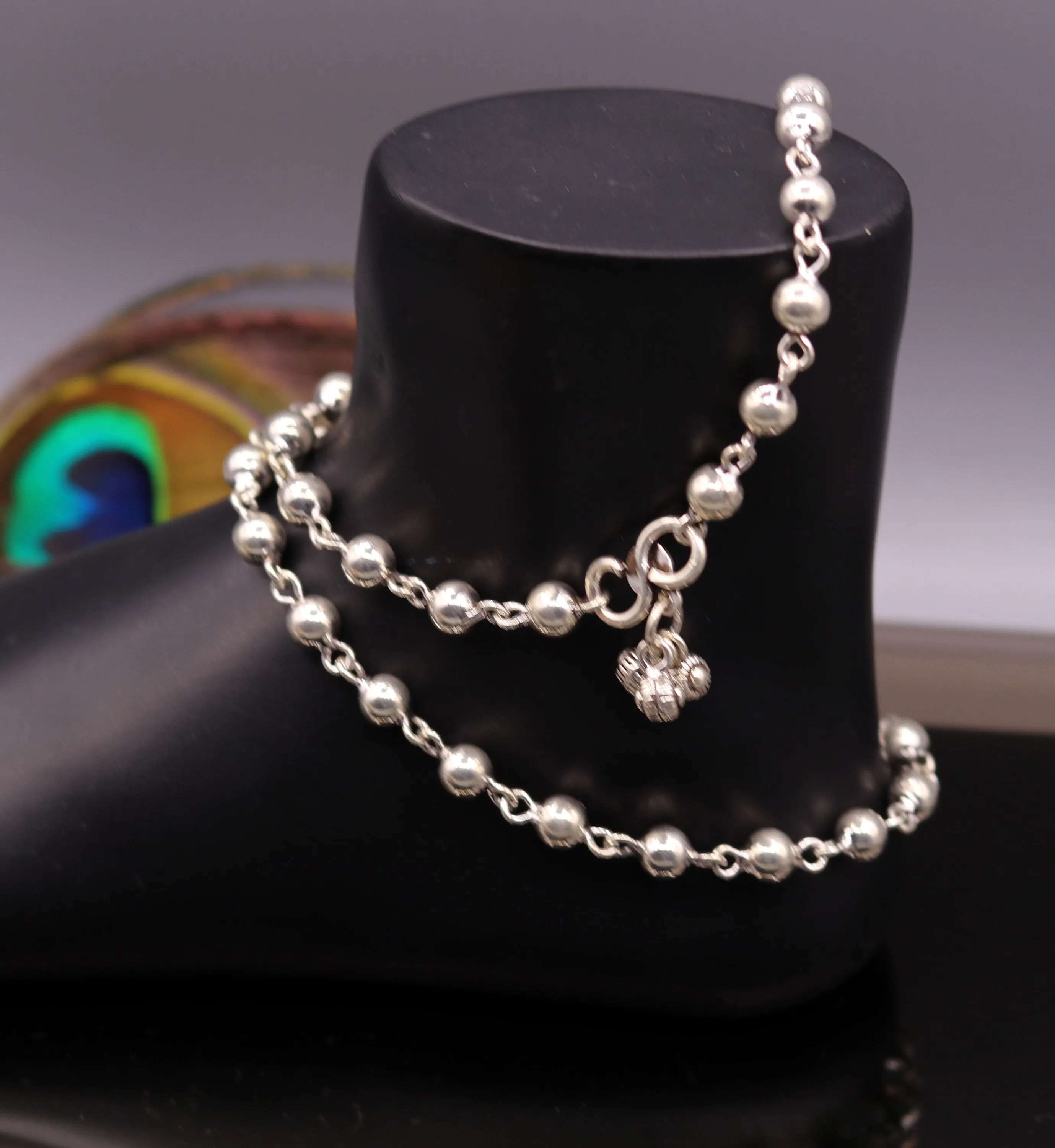 Vintage design Handcrafted 925 sterling silver anklet feet beads bracelet gorgeous hanging bells tribal wedding belly dance jewelry Ank26