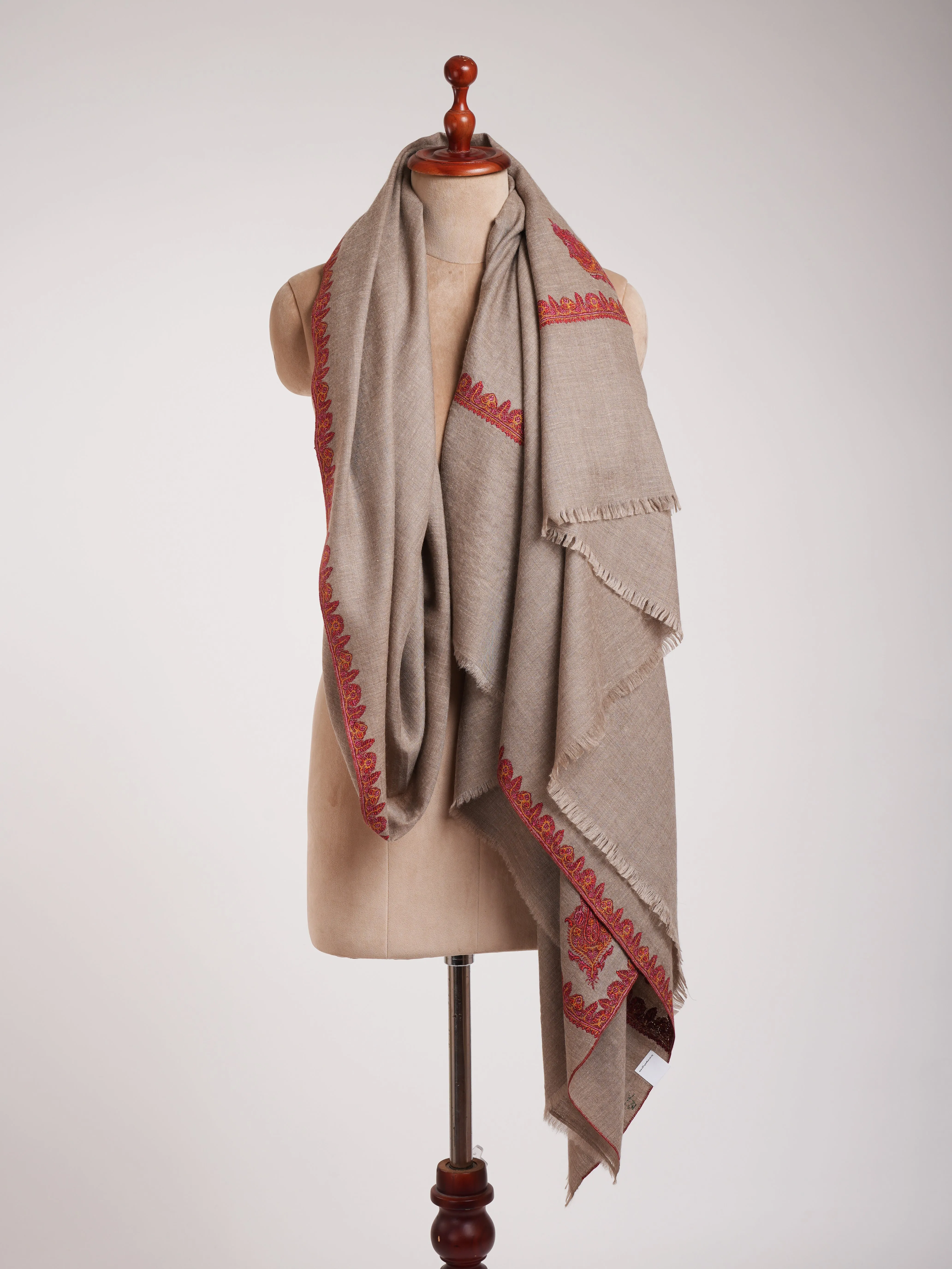 XL Natural Grey Hand Embroidered Original Pashmina Shawl